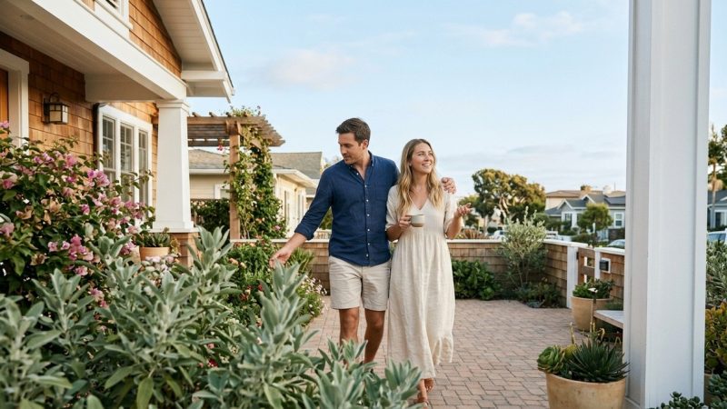 A couple walks on a brick patio past a shingled house, lush plants, and a white column.