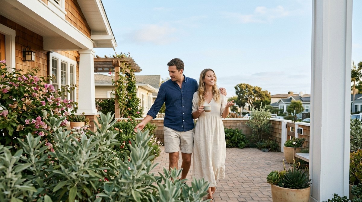 A couple walks on a brick patio past a shingled house, lush plants, and a white column.