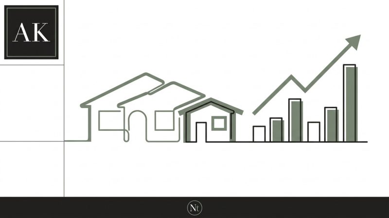 Outline of houses with ADU additions on property value, showing a rising bar graph and upward arrow.
