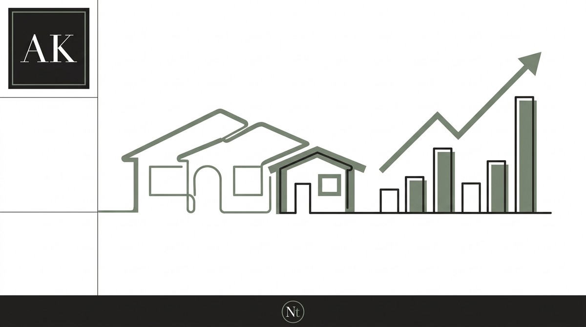 Outline of houses with ADU additions on property value, showing a rising bar graph and upward arrow.