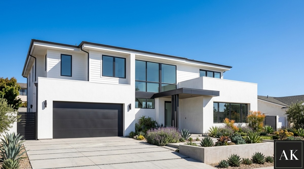 Modern white two-story house with a black garage door, large windows, and drought-tolerant landscaping.