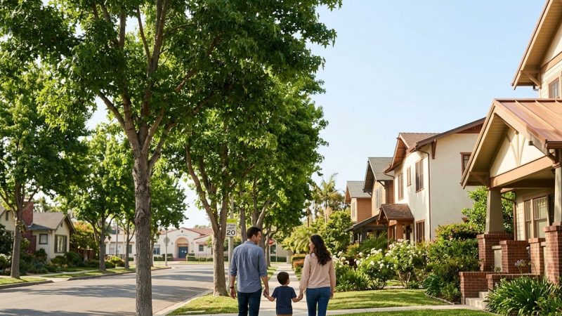 Family walks on a tree-lined street past houses, with a school building visible in the distance.