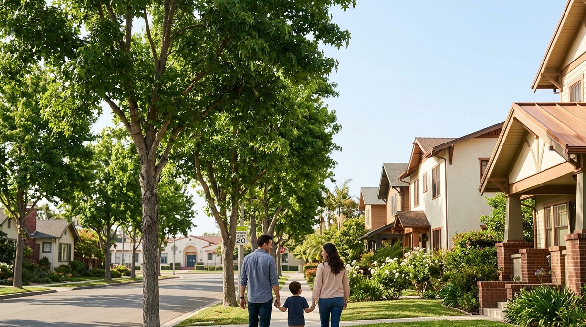 Family walks on a tree-lined street past houses, with a school building visible in the distance.