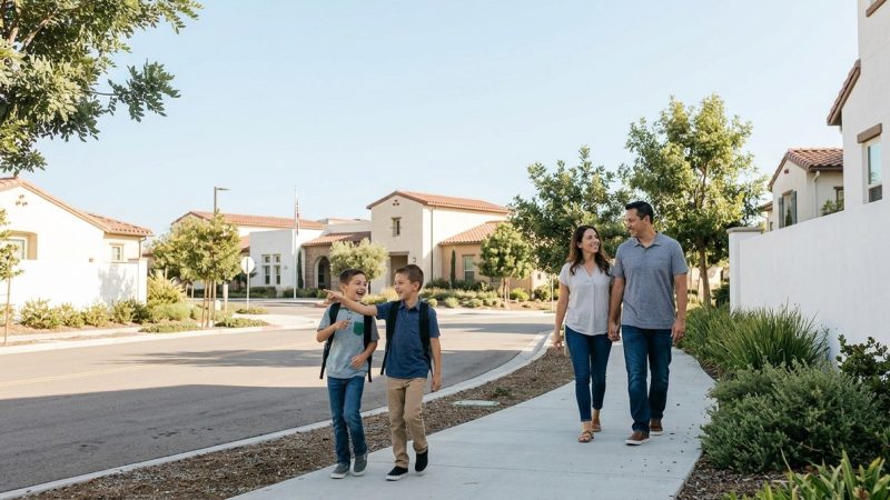 A family of four walks on a sunny sidewalk past houses with red tile roofs; one boy points.