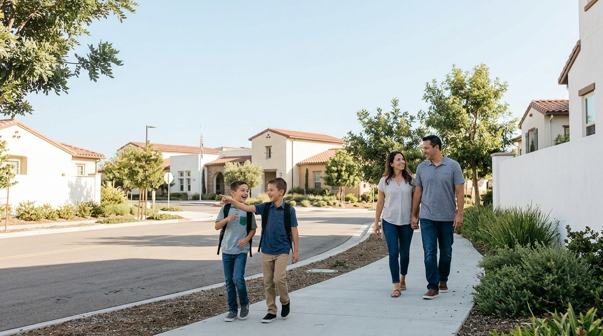A family of four walks on a sunny sidewalk past houses with red tile roofs; one boy points.