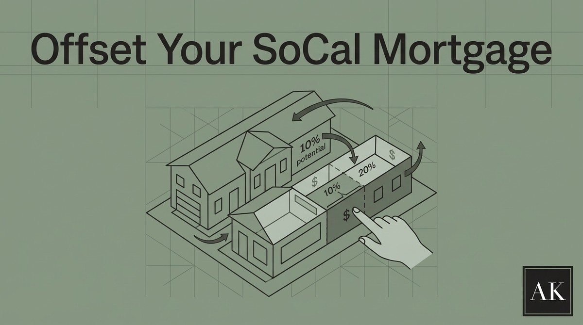 Text: "Offset Your SoCal Mortgage." Diagram of houses with arrows showing 10% and 20% potential income.
