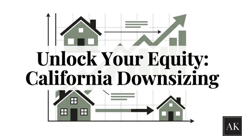 Text "Unlock Your Equity: California Downsizing" over a chart with houses and upward-trending arrows.