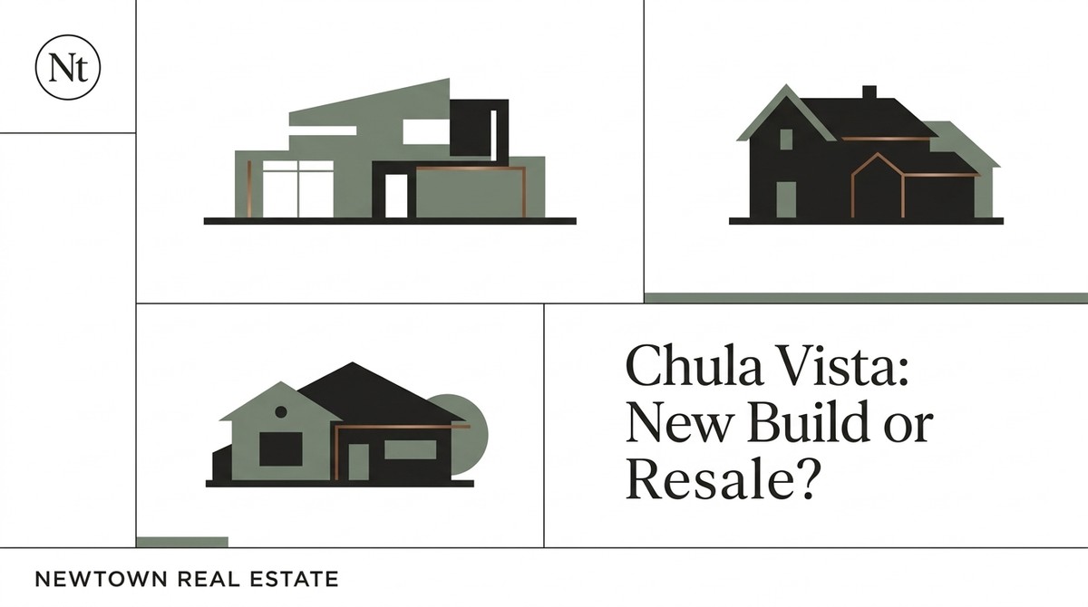 Illustrations of three houses, one modern and two traditional, with text: "Chula Vista: New Build or Resale?