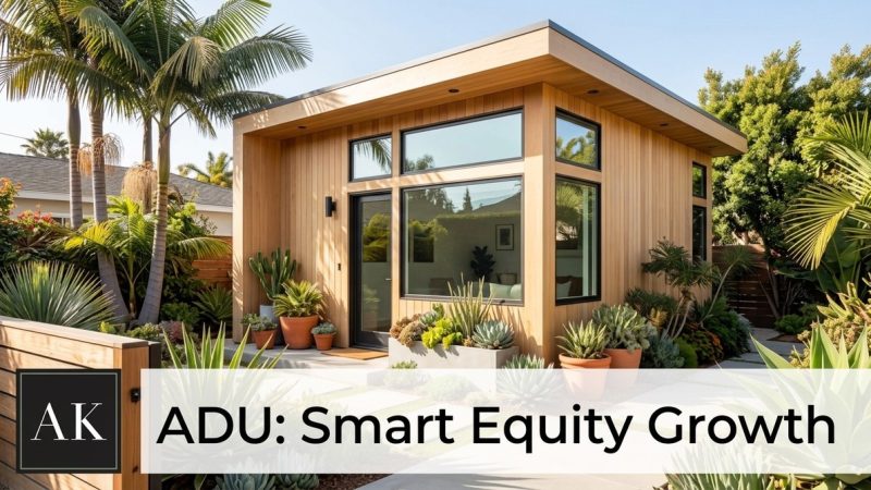 Modern ADU with wood siding, large windows, and lush landscaping, enhancing ADU additions property value.
