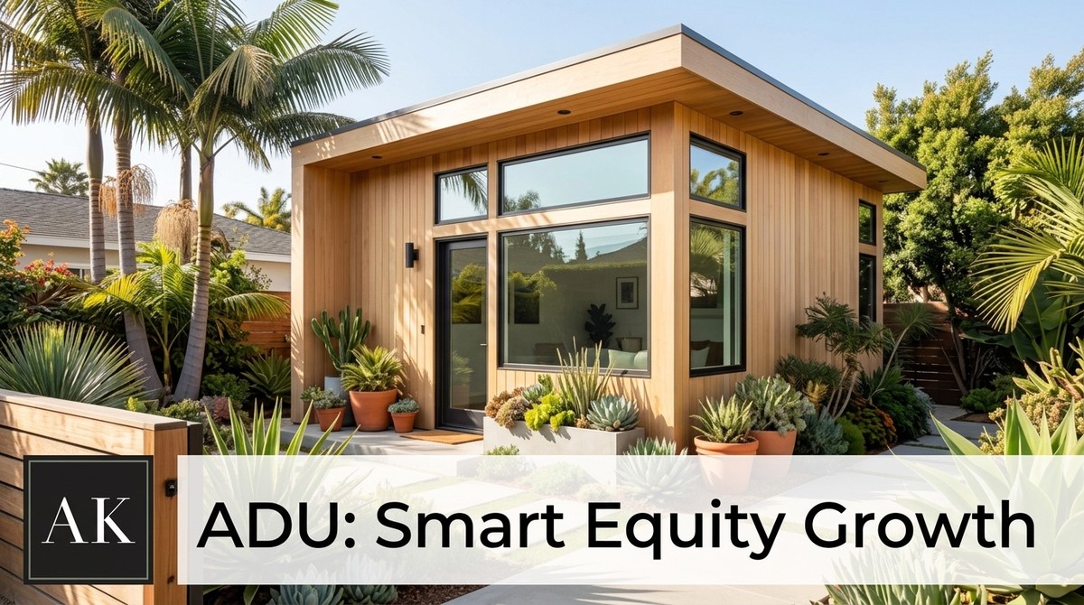 Modern ADU with wood siding, large windows, and lush landscaping, enhancing ADU additions property value.