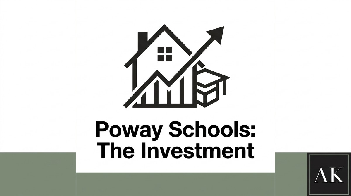 Black icon of a house with a rising arrow over a bar graph, next to a graduation cap. Text: Poway Schools: The Investment.