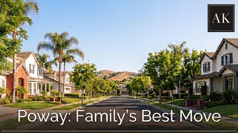 A tree-lined street with suburban houses and palm trees, leading to hills in the distance, ideal for living in Poway.