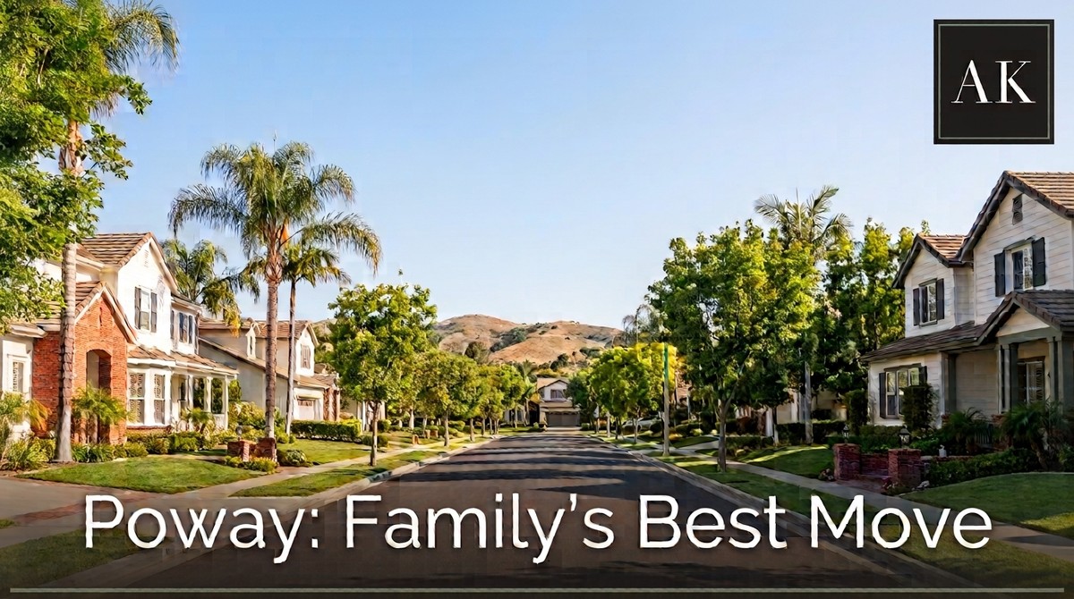 A tree-lined street with suburban houses and palm trees, leading to hills in the distance, ideal for living in Poway.