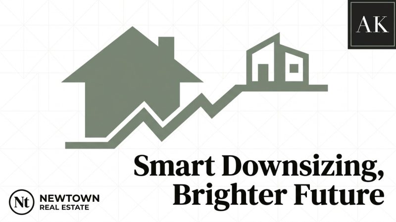 A large house icon connected by a jagged line to a smaller house icon, symbolizing downsizing.