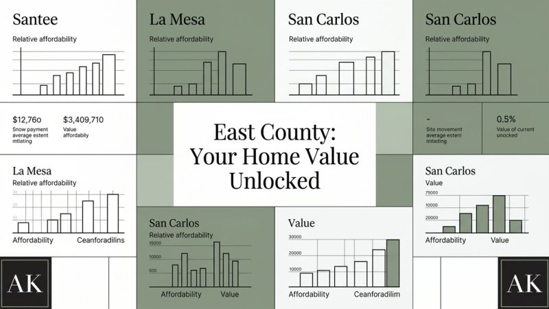 A grid of bar charts and text boxes about home values in Santee, La Mesa, and San Carlos.