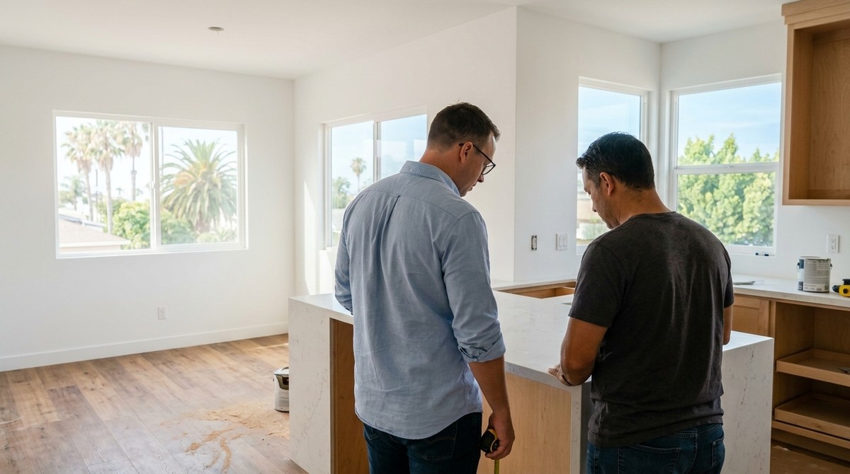 Two men inspect a newly renovated kitchen with white walls, wood floors, and palm trees visible outside.