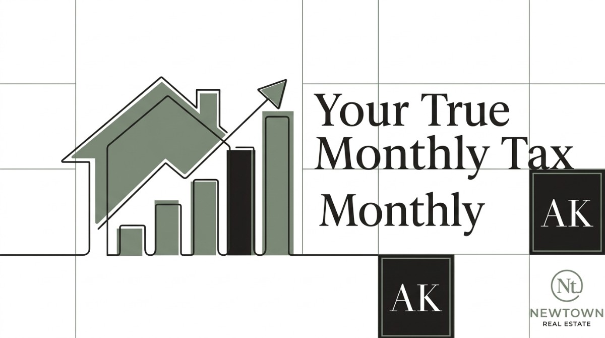 A house outline with rising bar graph and arrow, text "Your True Monthly Tax" and "Newtown Real Estate" logo.