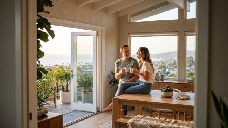 A laughing couple enjoys coffee in a modern home with large windows and an ocean view, discussing over-asking sale strategies
