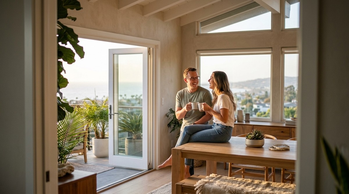 A laughing couple enjoys coffee in a modern home with large windows and an ocean view, discussing over-asking sale strategies