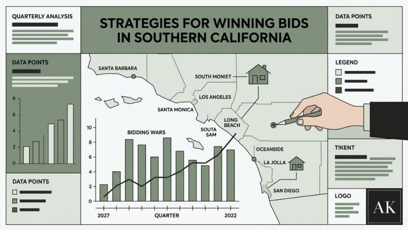An infographic showing a map of Southern California with houses, cities, and graphs on winning bids.