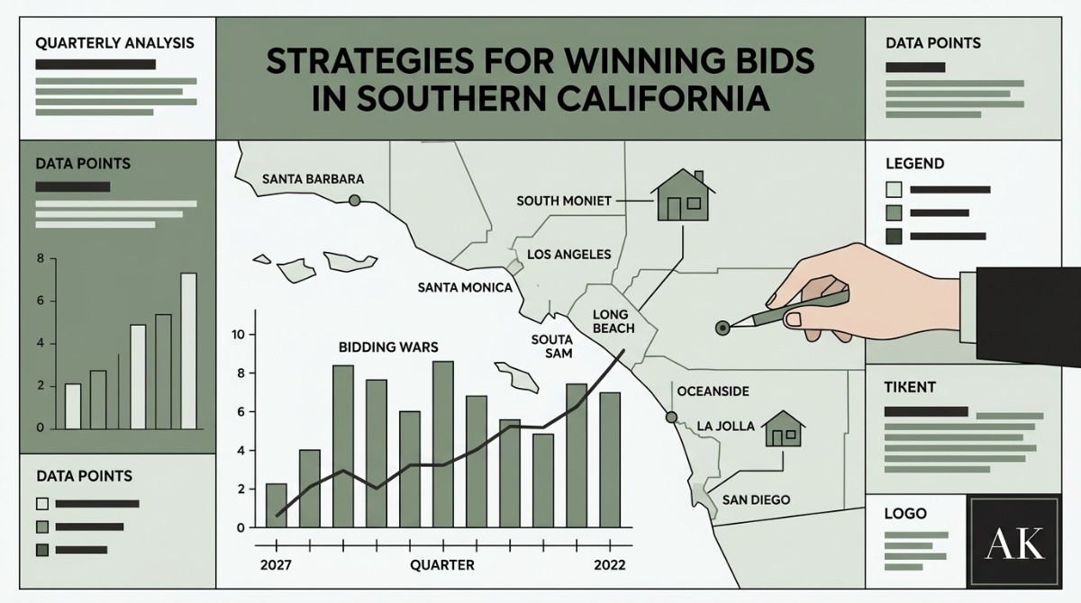 An infographic showing a map of Southern California with houses, cities, and graphs on winning bids.