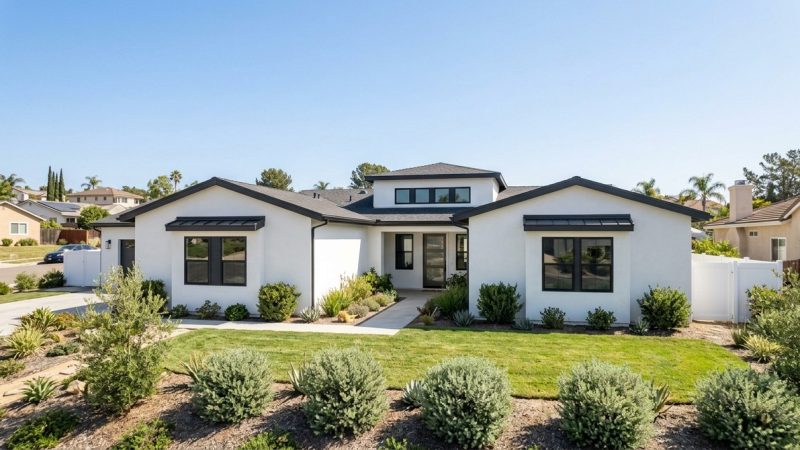 Modern white house with black trim, green lawn, and drought-tolerant landscaping, typical of living in Santee.