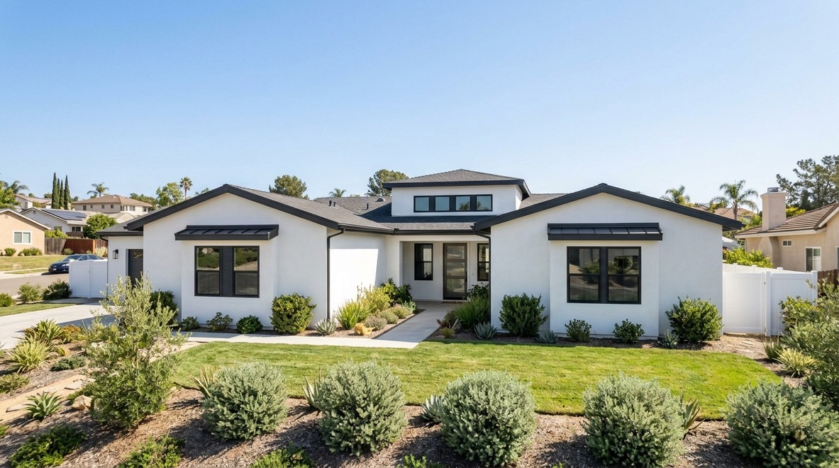 Modern white house with black trim, green lawn, and drought-tolerant landscaping, typical of living in Santee.