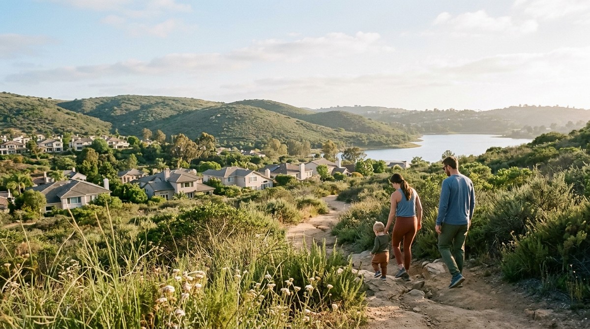 Family hiking on a dirt trail overlooking San Carlos homes, a lake, and green hills.