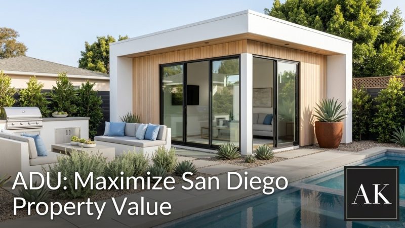 Modern ADU with wood siding and glass doors, outdoor kitchen, lounge, and pool, enhancing ADU property value.
