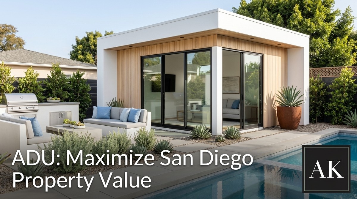 Modern ADU with wood siding and glass doors, outdoor kitchen, lounge, and pool, enhancing ADU property value.